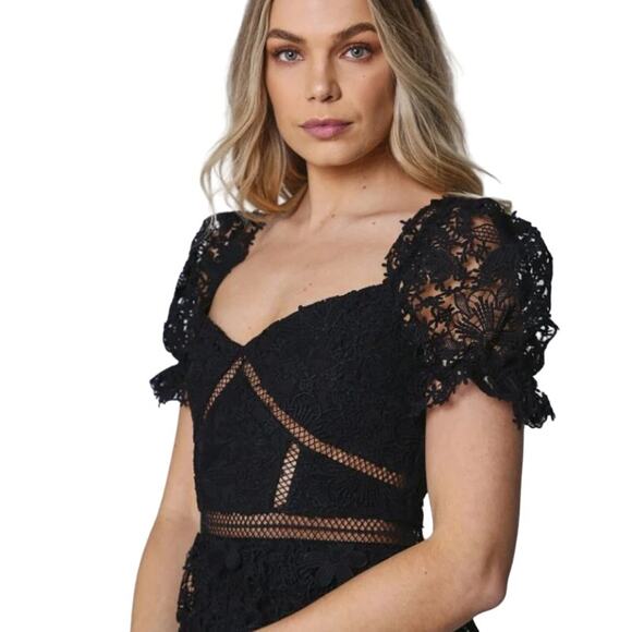 Bardot Dress Womens 12 Sexy Black Lace Puff Sleeve Tiered Mini Party Cocktail - Picture 2 of 14